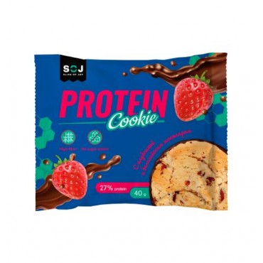 Печенье Protein Cookie SOJ со вкусом клубники, покрытое шоколадом без добавления сахара, 40 г